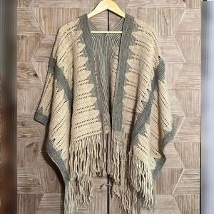 Women Beige And Gray Knit Poncho Shawl With Fringe One Size Bohemian